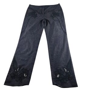 Express Stretch Pants Women 11/12 Blue Leather Floral Applique Denim Y2K 90s